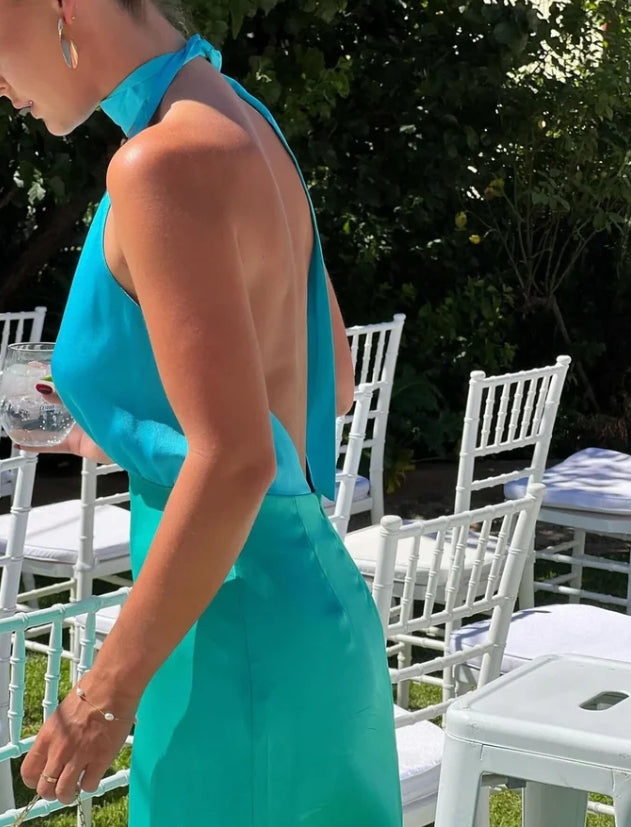 Luolandi Chic V Neck Backless Satin Elegant Long Dress Wedding Guest Dress Sexy Party Dress