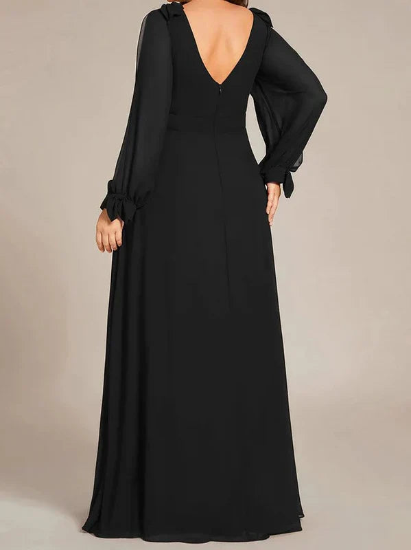 Luolandi Black A Line/Princess Long Sleeves Chiffon Floor-Length V Neck Bridesmaid Dress Party Dress