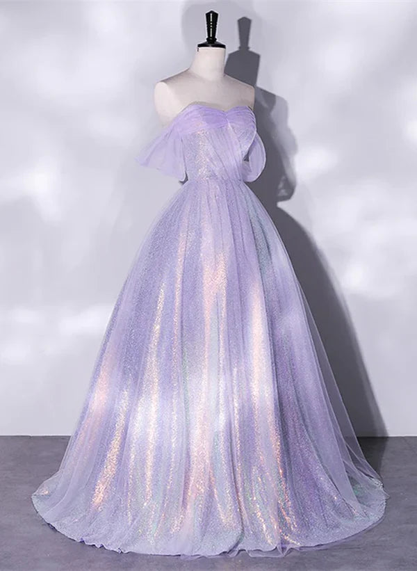 Luolandi Lavender A-line Tulle and Sequins Prom Dress Off Shoulder Tulle Evening Dress Sparkly