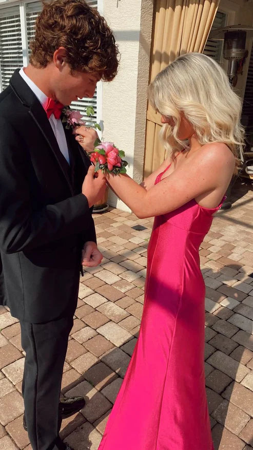 Luolandi Hot Pink Spaghetti Straps Long Prom Dress Sleeveless Sexy Party Dress Solid Color