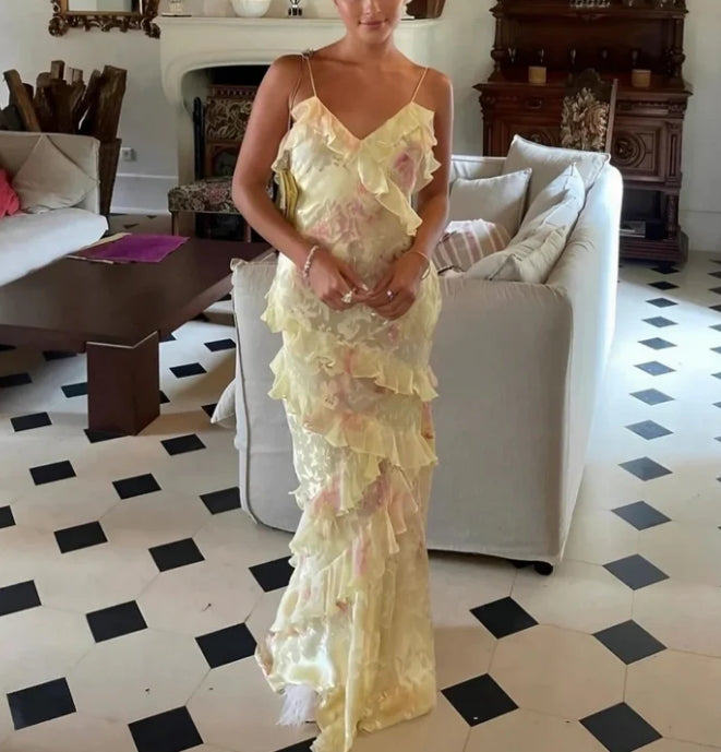 Luolandi Yellow Straps Ruffles Long Party Dress Weding Guest Dress Charming Evening Dress Formal Dress