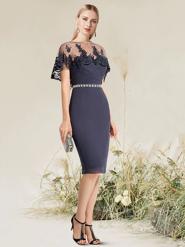 Luolandi Convertible Elegant Wedding Guest Cocktail Party Dress Strapless Short Sleeve Knee Length Lace with Lace Insert