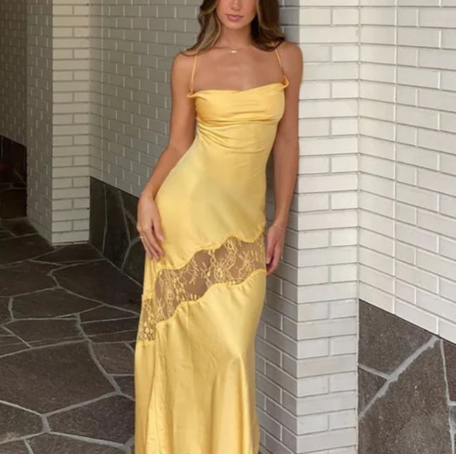Luolandi Yellow Backless Lace Slit Party Dress Simple Wedding Guest Dress Charming