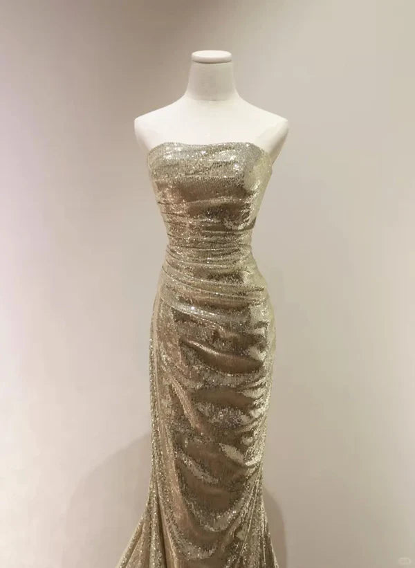 Luolandi Elegant Chic Sequins Mermaid Scoop Long Formal Dress Gold Long Prom Dress Party Dress Sparkly Evening Dress