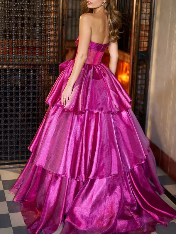 Luolandi A-Line Princess Fuchsia Ball Gown Strapless Floor-Length Evening Dresses with Ruffles Off Shoulder Prom Dress