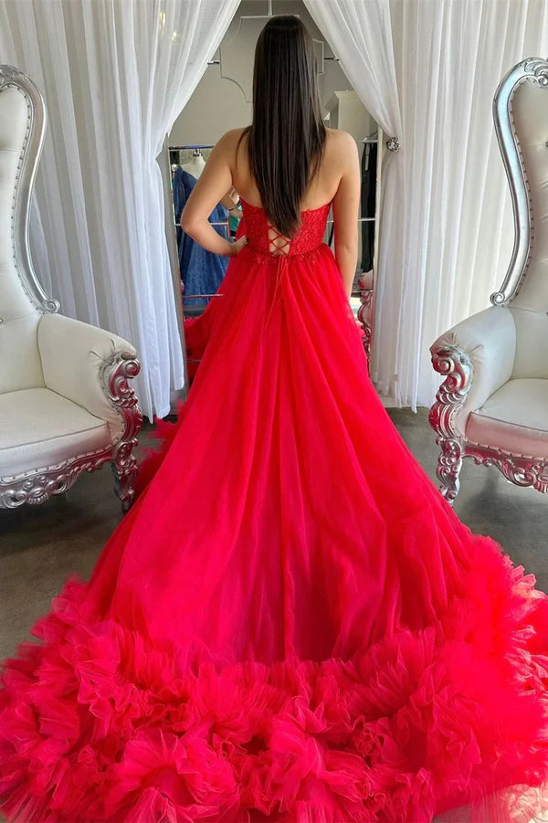 Luolandi Red Tulle Appliques Sweetheart Ruffle Long Prom Dress Off Shoulder Beautiful