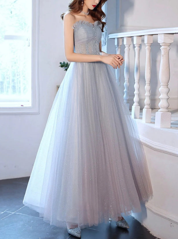 Luolandi Cute Strapless Tulle Long Prom Dress A-Line Formal Evening Dress Party Dress