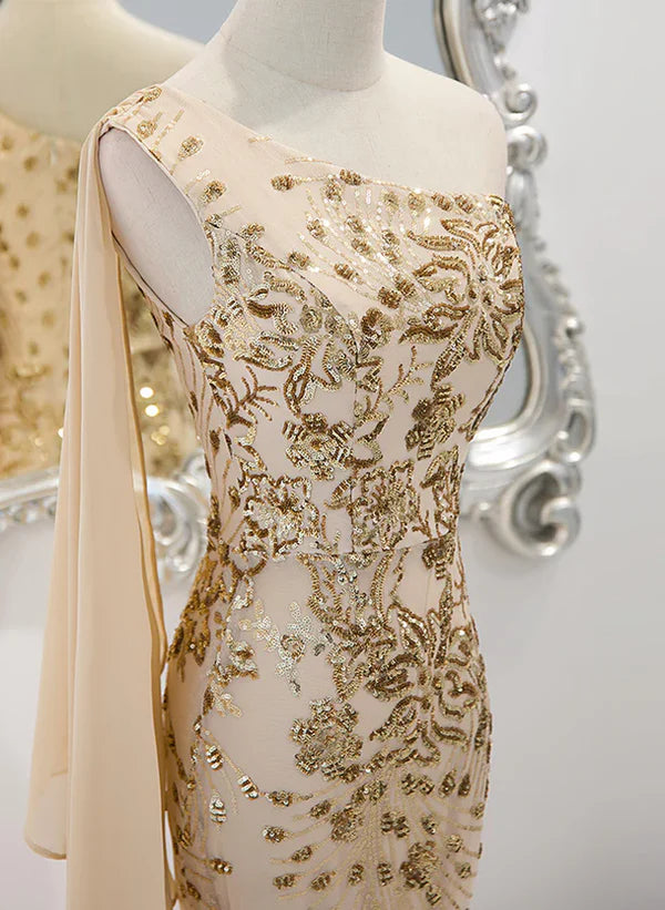 Luolandi Lovely One Shoulder Champagne Sequins Mermaid Prom Dress Champagne Evening Dress Sparkly