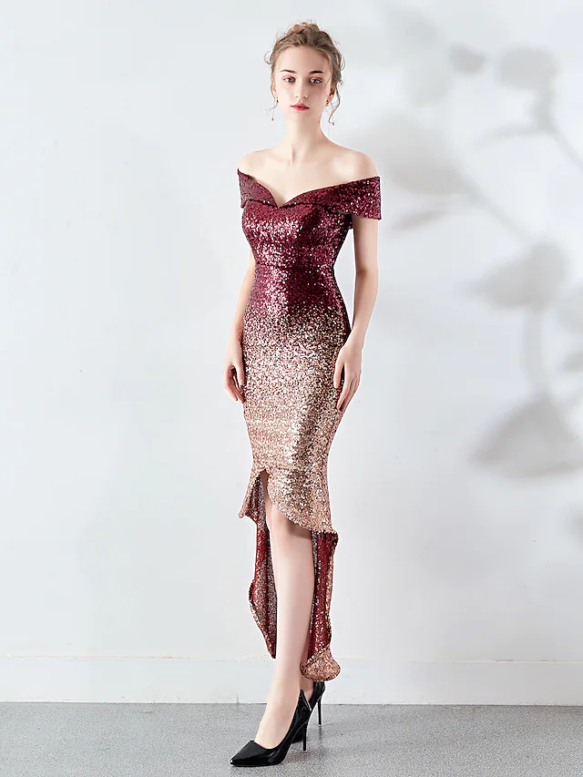 Luolandi Sexy Wedding Guest Cocktail Party Dress Off Shoulder Sleeveless Asymmetrical Sequined