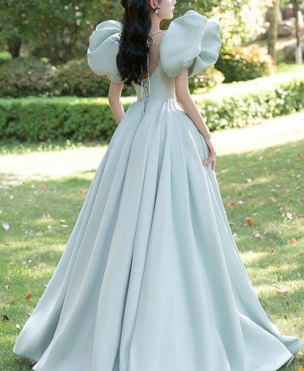 Luolandi Green Princess A-Line Prom Dress Beautiful Puff Sleeve Formal Party Dress Floor Length