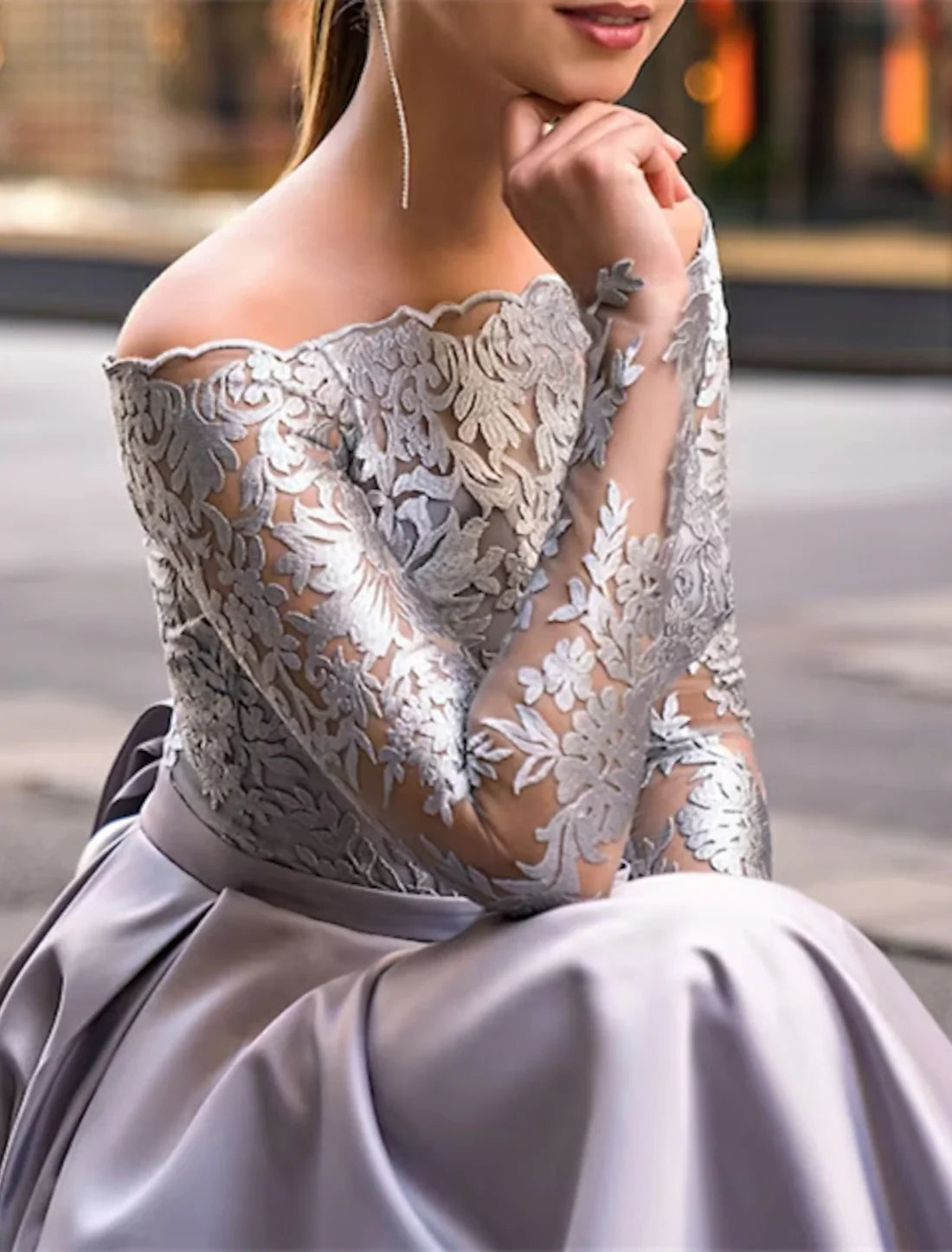 Luolandi A-Line Evening Gown Wedding Guest Floor Length Long Sleeve Off Shoulder Belt / Sash Satin with Appliques Elegant