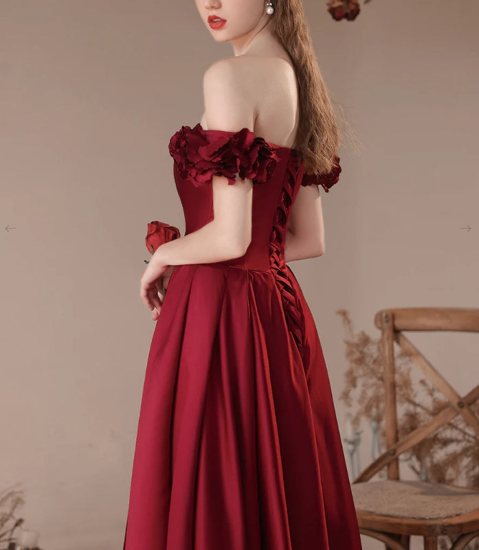 Luolandi Burgundy A-Line Off Shoulder Satin Long Prom Dress Formal Evening Dress december wedding guest dress