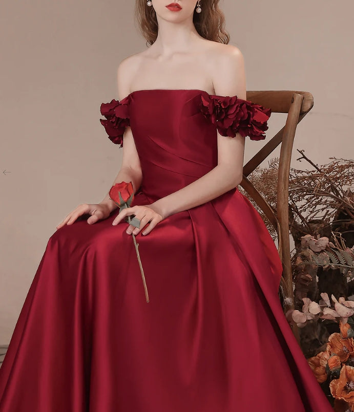 Luolandi Burgundy A-Line Off Shoulder Satin Long Prom Dress Formal Evening Dress december wedding guest dress