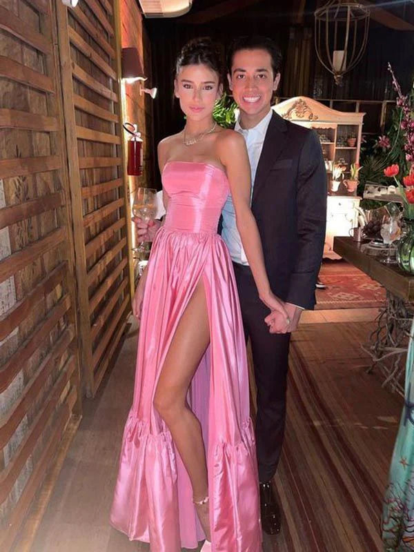 Luolandi Pink A-line Strapless Side Slit Long Party Prom Dresses Charming Evening Dress