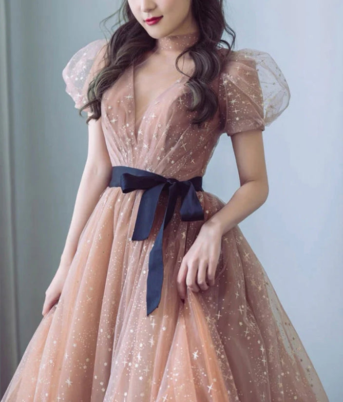 Luolandi Cute Tulle Long Prom Dress A-Line Short Sleeve Evening Party Dress V-neck