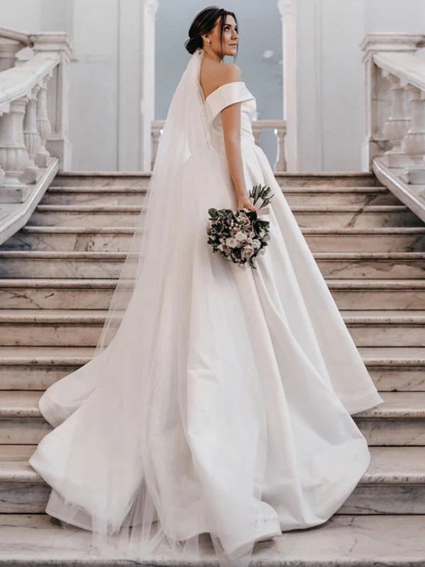 Luolandi A-Line/Princess Satin Ruffles Off-the-Shoulder Sleeveless Sweep/Brush Train Wedding Dresses Sexy