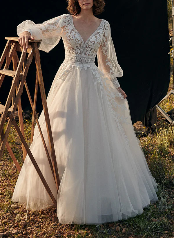 Luolandi A-Line V-Neck Long Sleeves Lace/Tulle Wedding Dresses Open Back Floor Length Elegant