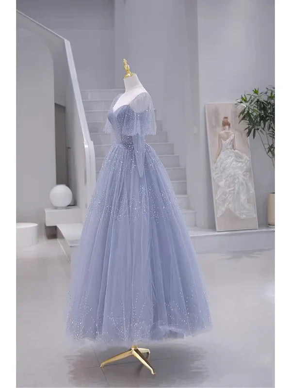 Luolandi Sparkling Blue Short Sleeves Tulle Long Sweetheart Party Dress A-line Blue Prom Dress Elegant