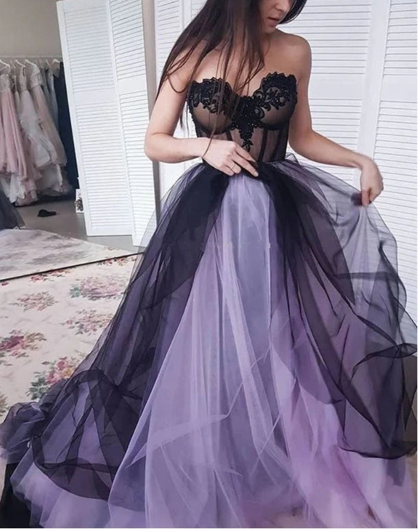 Luolandi Sweetheart Tulle Prom Dresses A-line Appliqued Evening Gowns Off Shoulder Floor Length