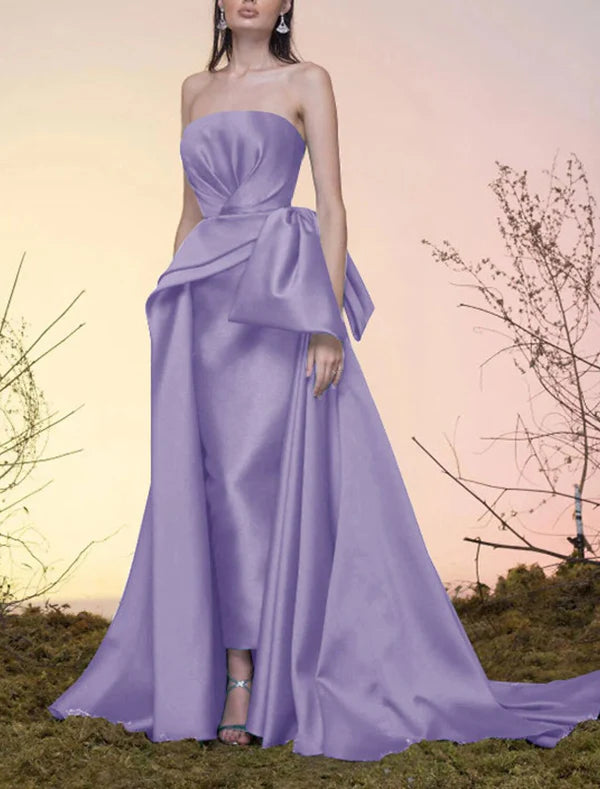 Luolandi A-Line Party Dress Celebrity Style Elegant Vintage Wedding Guest Prom Dress Strapless Sleeveless Court Train Satin with Bow(s) Overskirt Evening Dress