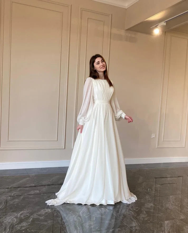 Luolandi Elegant Round Neck Maxi Dress Wedding Dress Fashion Long Sleeve Party Evening Dress