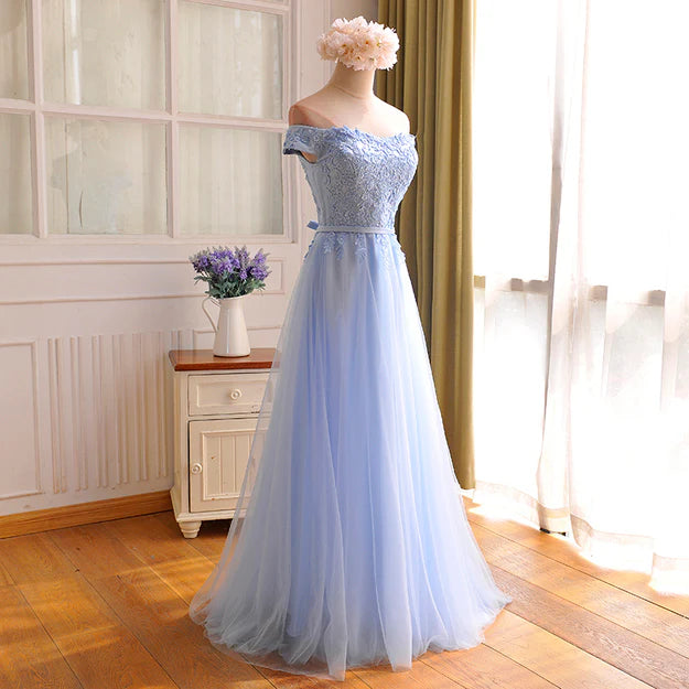 Luolandi Elegant Light Blue Lace Applique Long Party Dress Off Shoulder Bridesmaid Dress Prom Dress