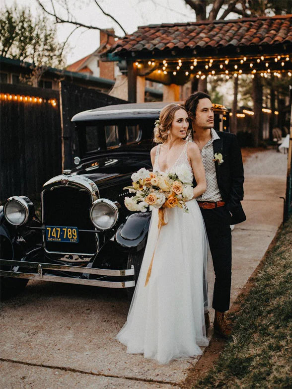 Luolandi Tulle V-neck Neckline A-line Wedding Dresses With Pearls Floor Length Sexy