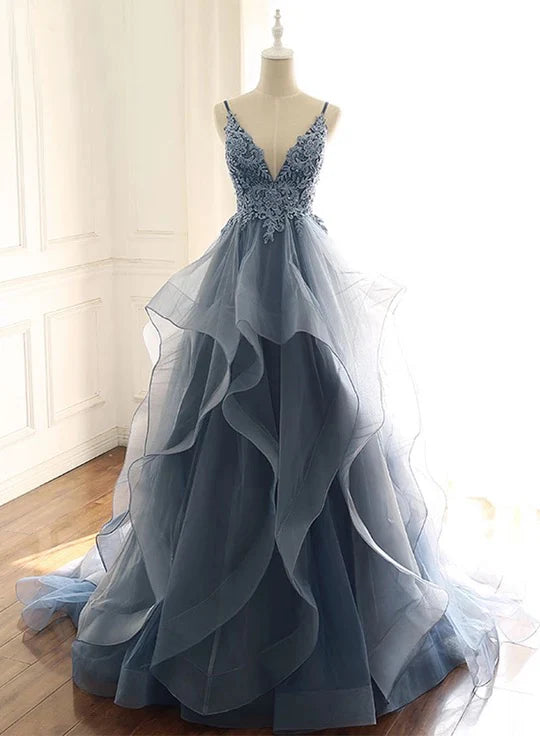 Luolandi tulle long prom dress with spaghetti straps and ruffled floor length charming skirt