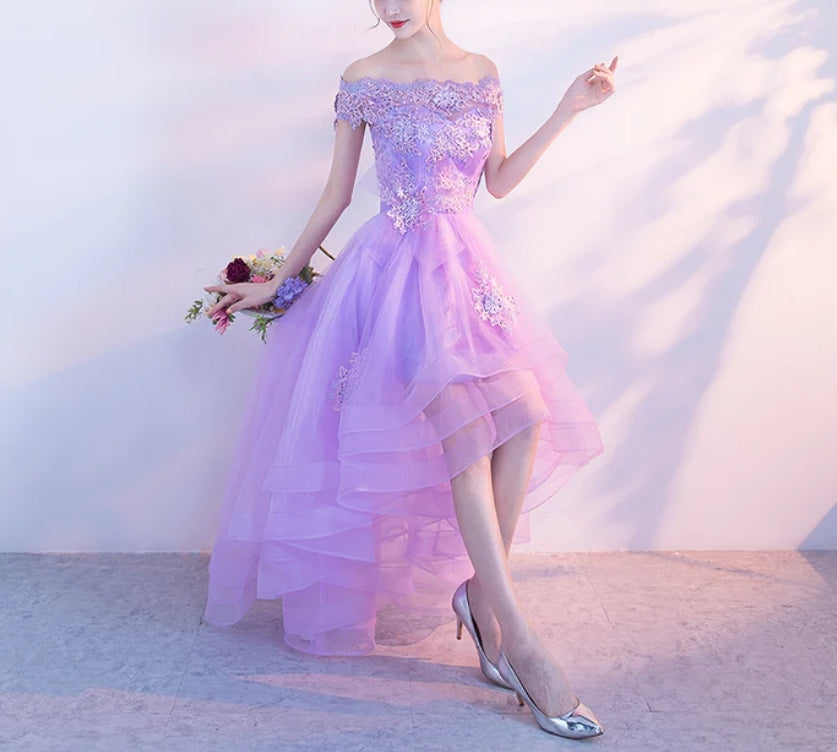 Luolandi Cute High Low Tulle Prom Dress Off the Shoulder Homecoming Dress Light Purple Beautiful Cocktail Dress
