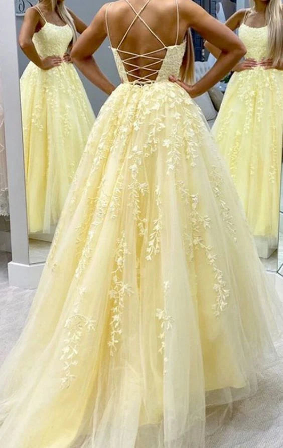 Luolandi Yellow Tulle Lace Long Prom Dress Charming Party Dress With Appliques
