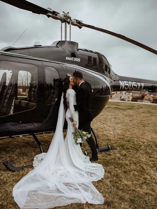 Luolandi Elegant Lace Satin Mermaid Longsleeves Appliques Sweep Train Simple Wedding Dresses