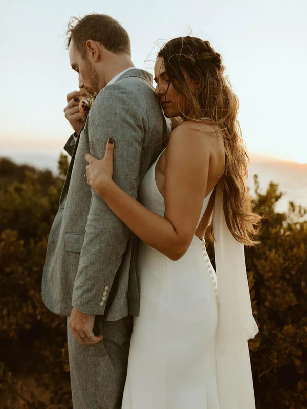 Luolandi Unique Halter Neckline Backless Satin Wedding Dresses Sleeveless Mermaid Simple Bridal Gowns