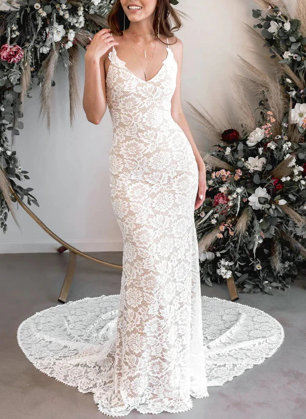 Luolandi Boho Lace Open Back Mermaid Wedding Dresses With Court Train Sleeveless Floor Length Elegant