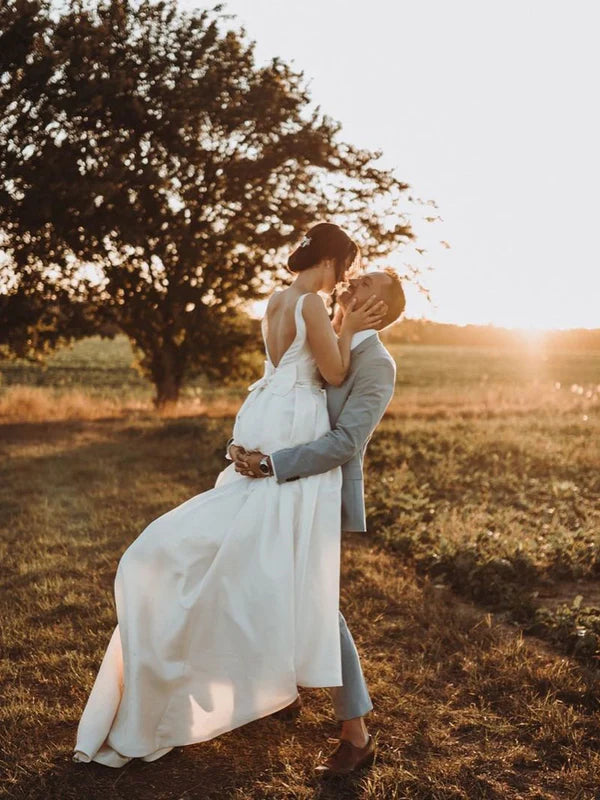 Luolandi Simple A-Line Satin Beaded Bowknot Backless Sleeveless Wedding Dresses With Bow