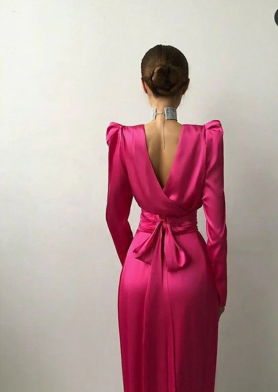 Luolandi Fuchsia Long Sleeves Midi Length Party Dress Elegant Evening Dress Formal Dress With Slit