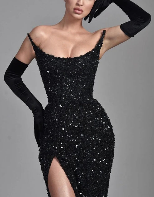 Luolandi Elegant Black Long Evening Dress With Sequins And Slit Off Shoulder Sparkly Party Dress No With Gloves