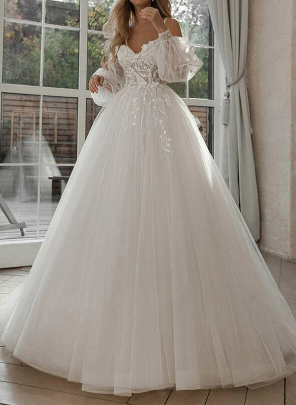 Luolandi Sweetheart Tulle Lace Sweep Train Wedding Dresses With Lace A Line Floor Length Elegant