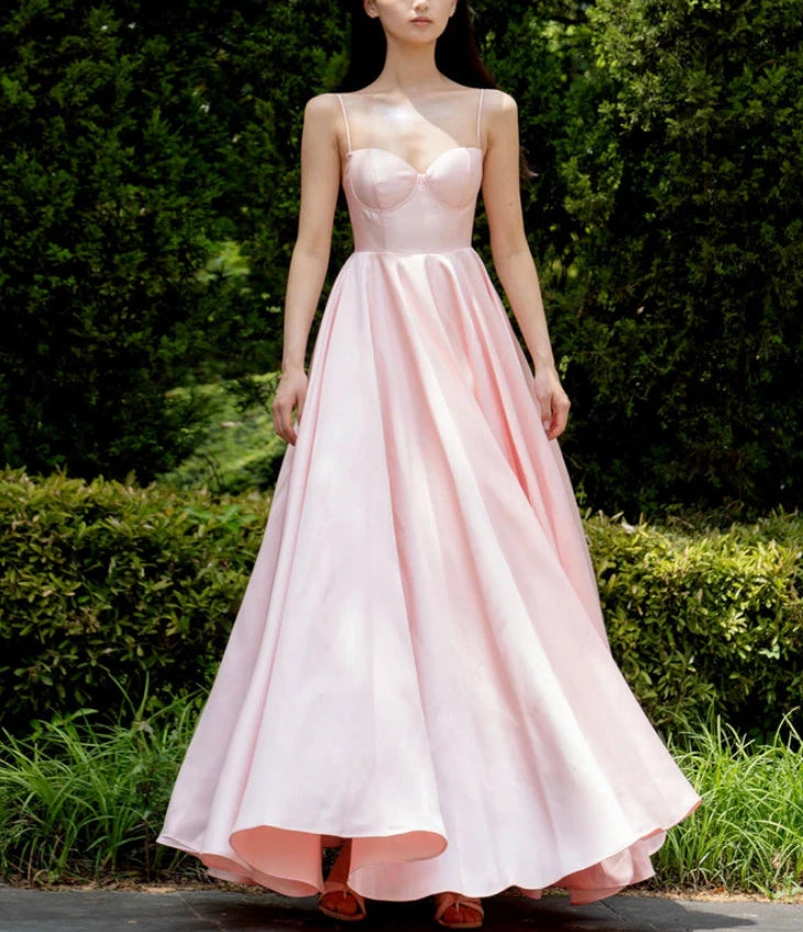 Luolandi A-Line Satin Floor Length Prom Dress Pink Spaghetti Strap Evening Party Dress Sexy