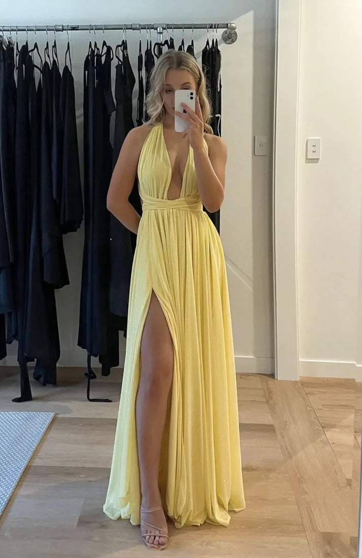 Luolandi Yellow Deep V Neck A-Line Elegant Long Party Dress with Slit Sexy Evening Dress