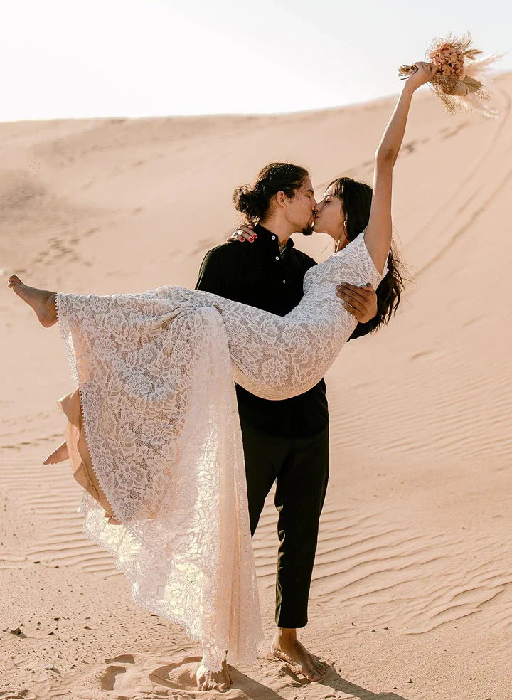 Luolandi Boho Lace Open Back Mermaid Wedding Dresses With Court Train Sleeveless Floor Length Elegant