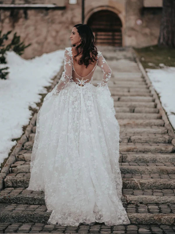 Luolandi Graceful Appliqued A-line Wedding Dresses With Long Sleeves Lace Bridal Gowns Elegant