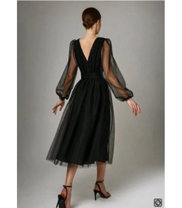 Luolandi Charming Puffy Long Sleeve Burgundy Tea Length Prom Dress/Evening Gown Cocktail Dress