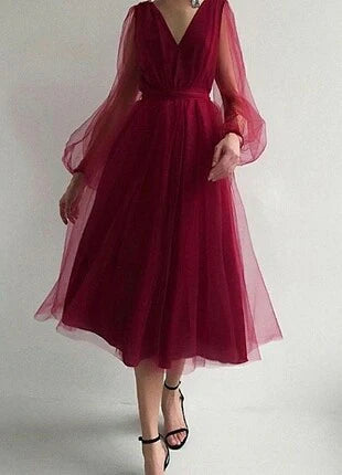 Luolandi Charming Puffy Long Sleeve Burgundy Tea Length Prom Dress/Evening Gown Cocktail Dress