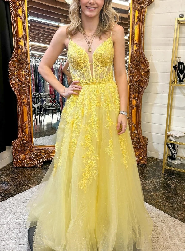 Luolandi Yellow Floral Spaghetti Straps A-line Long Prom Dress Charming Evening Dress with Appliques