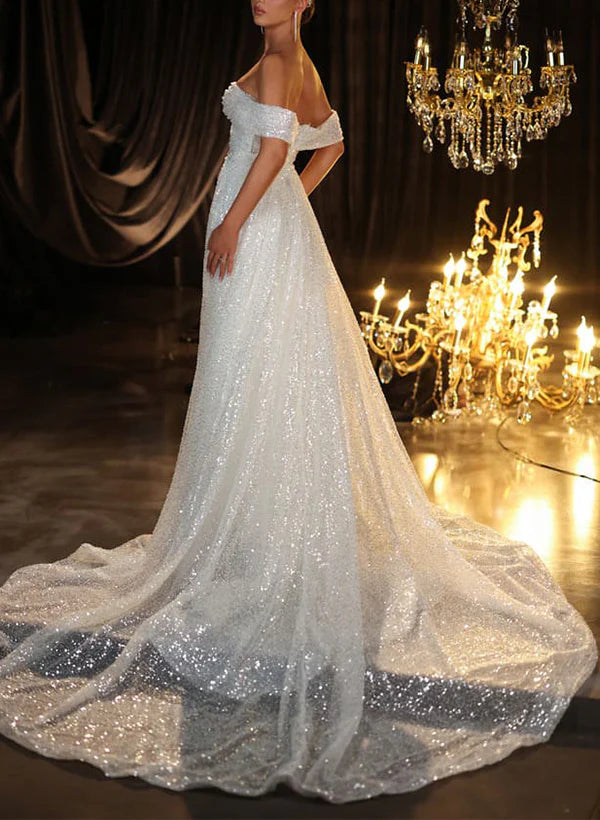 Luolandi Charming Off-The-Shoulder Trumpet/Mermaid Wedding Dresses Floor Length Sparkly Evening Party Dress