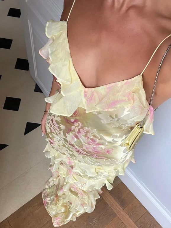 Luolandi Yellow Straps Ruffles Long Party Dress Weding Guest Dress Charming Evening Dress Formal Dress