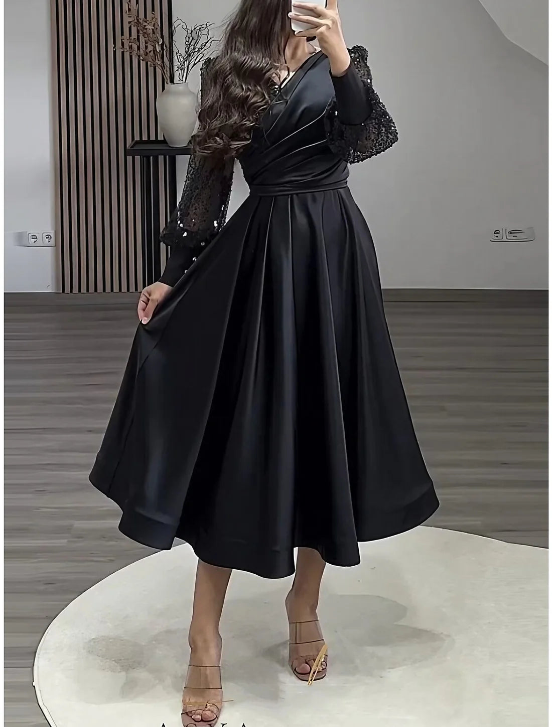 Luolandi A-Line Evening Gown Elegant Dress Formal Tea Length Long Sleeve V Neck Satin with Glitter Pleats Ruched Sparkly