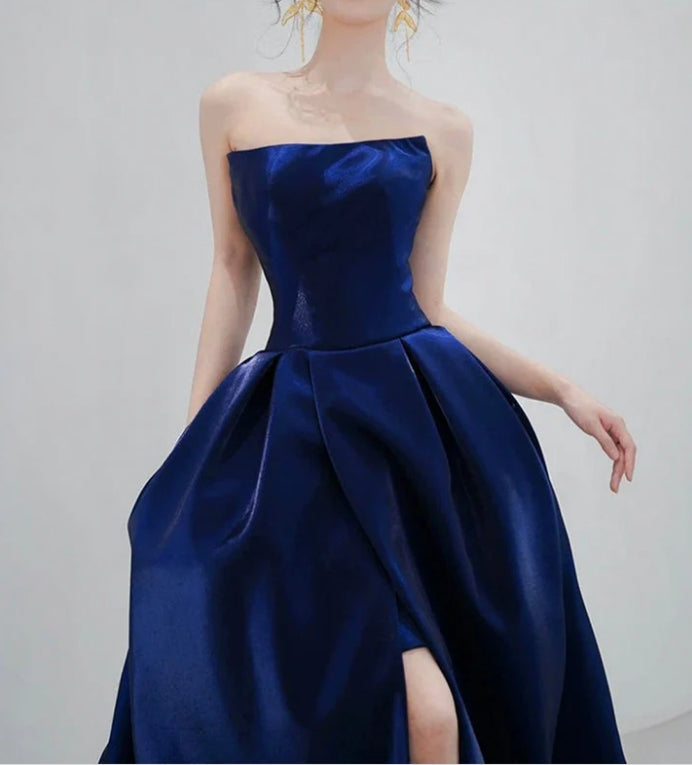 Luolandi Blue Strapless Satin Long Prom Dress Beautiful A-Line Evening Party Dress with Slit Sexy