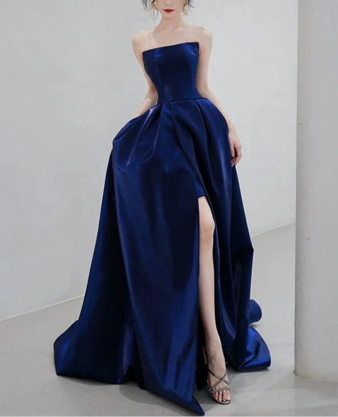 Luolandi Blue Strapless Satin Long Prom Dress Beautiful A-Line Evening Party Dress with Slit Sexy