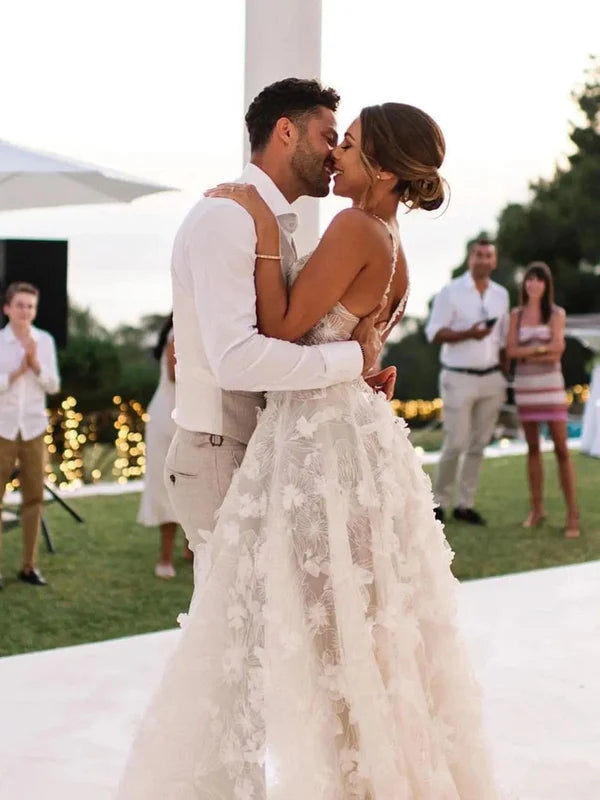 Luolandi 3D Flowers Wedding Gown Floral Lace Boho Wedding Dresses A Line Floor Length Elegant